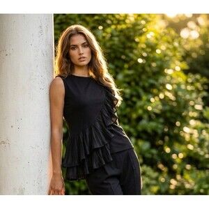 C Wonder by Christian Siriano Runway Collection Ruffle Drape Top Black XS